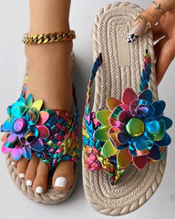 Women's Holographic Floral Braided Flat Beach Flip Flops