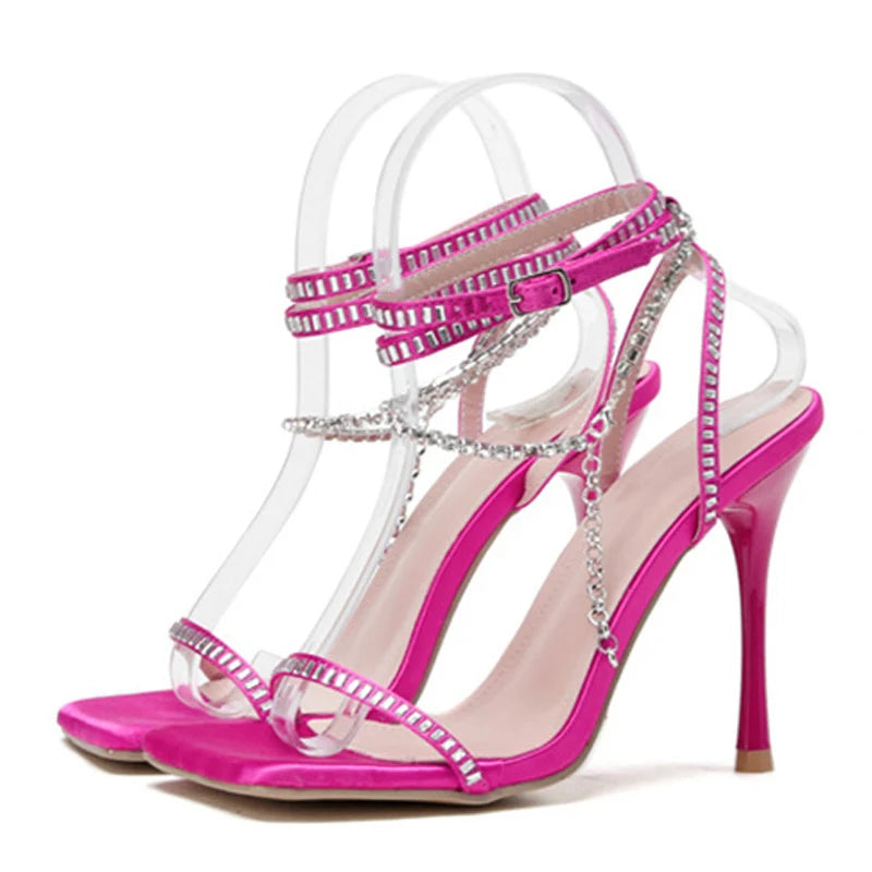 Crystal Chain Ankle Strap Sandals for Women, Square Toe High Heels