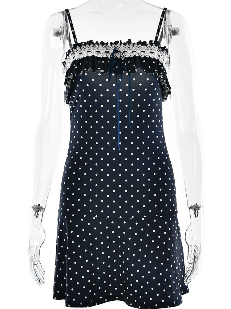 Navy Blue Lace Patchwork Polka Dot Print Slip Dress for Women