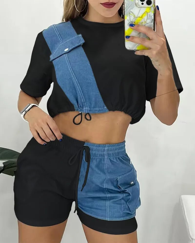 Ensemble haut à manches courtes et short décontracté en faux denim pour femme 