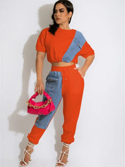 Women's Denim Patchwork Two Piece Tracksuit Set with Jogger Pants