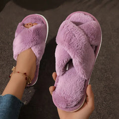 Women's Soft Plush Cross Strap Fur Slippers for Indoor Comfort