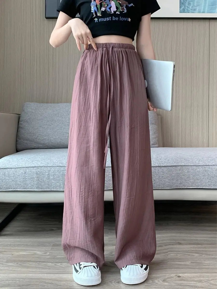 Trendy Pleated Ice Silk Wide Leg Pants for Women Casual Trousers