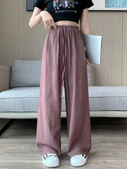 Trendy Pleated Ice Silk Wide Leg Pants for Women Casual Trousers