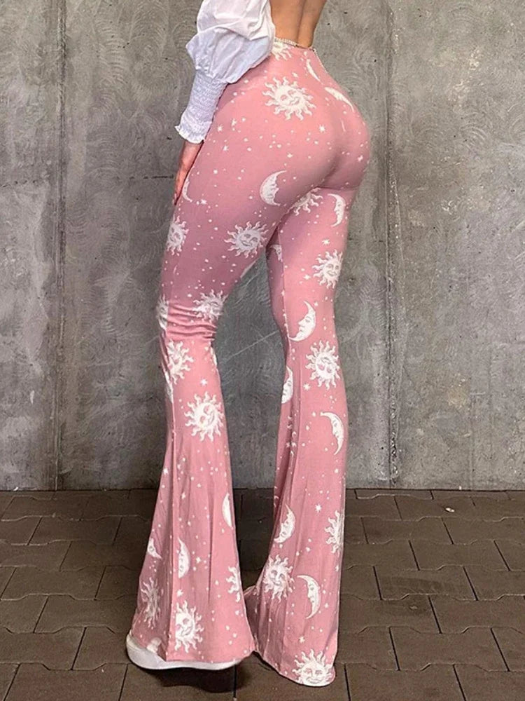 Casual Pink Abstract Print Micro Flare Sweatpants for Women