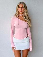 Inclined Collar Pink Long Sleeve Aesthetic Tee for Women