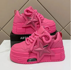 Women's Pink Leather Chunky Platform Sneakers for Casual Walking