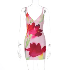 Floral Print Pink Strap Dress - Chic Sleeveless Bodycon Mini Style