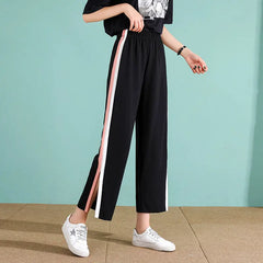 Casual Black Split Wide Leg Sports Pants with Pockets and Stripes