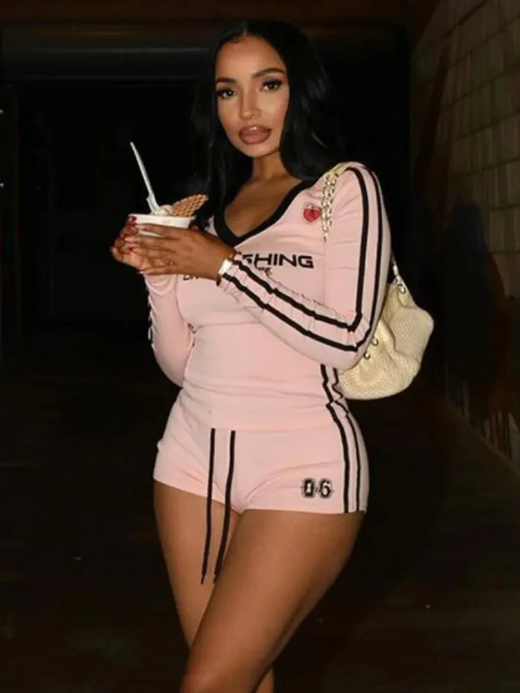 Women's Casual Long Sleeve Crop Top and Shorts Tracksuit Set