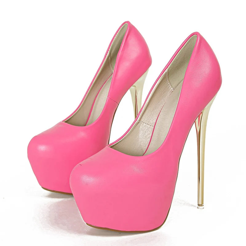 Elegant Pink PU Leather Platform Pumps for Women - High Heels Stilettos