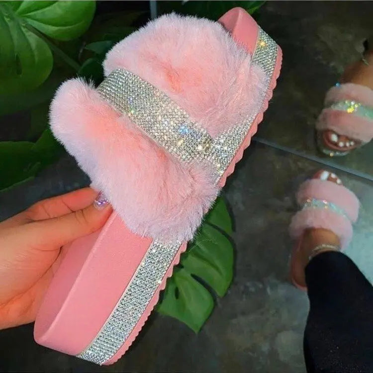 Women's Luxury Rhinestone Suede Platform Slippers for Comfort