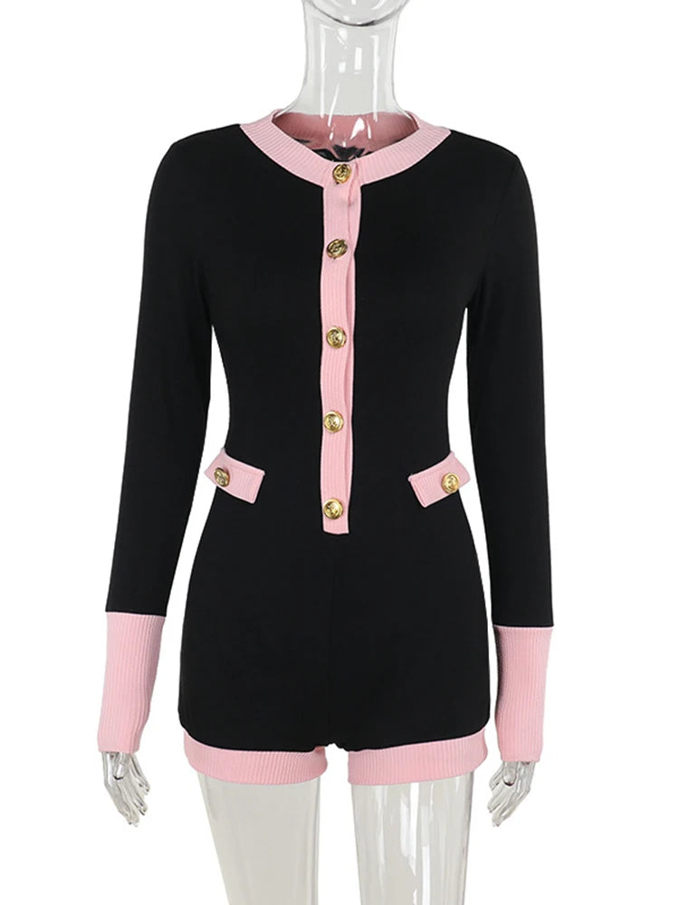 Contrast Color Patchwork Playsuit for Women with Long Sleeves