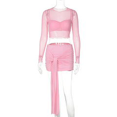 Pink Mesh 3 Piece Long Sleeve Top and Mini Skirt Set