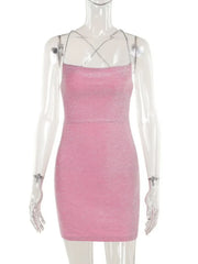 Pink Spaghetti Strap Lace-Up Mini Dress with Backless Design