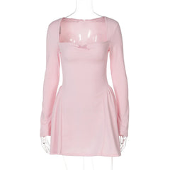 Women's Pink Square Collar Bowknot Slim Fit A-line Party Dress