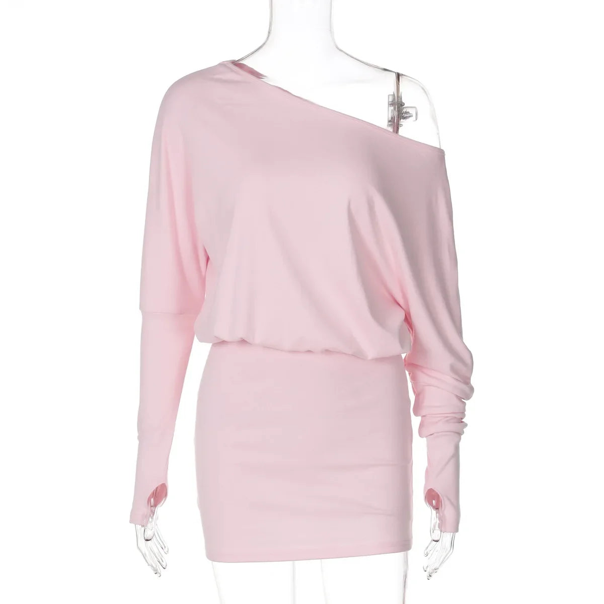 Women's Black Pink Diagonal Collar Long Sleeve Slim Dress