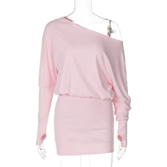 Women's Black Pink Diagonal Collar Long Sleeve Slim Dress
