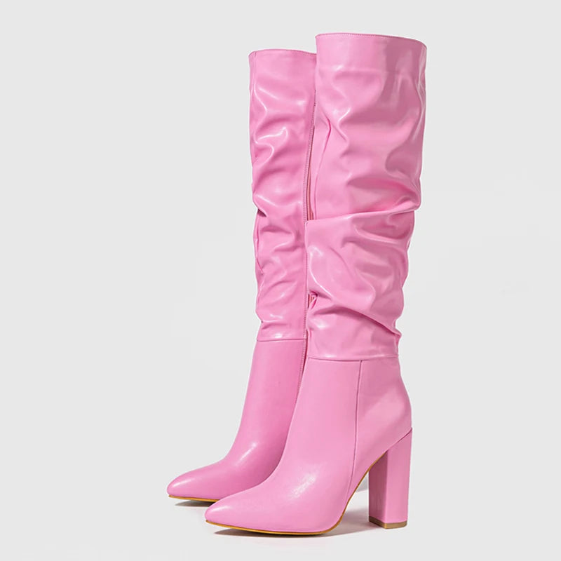 Pink Knee High Pleated Leather Boots for Women with Pointed Toe Heels