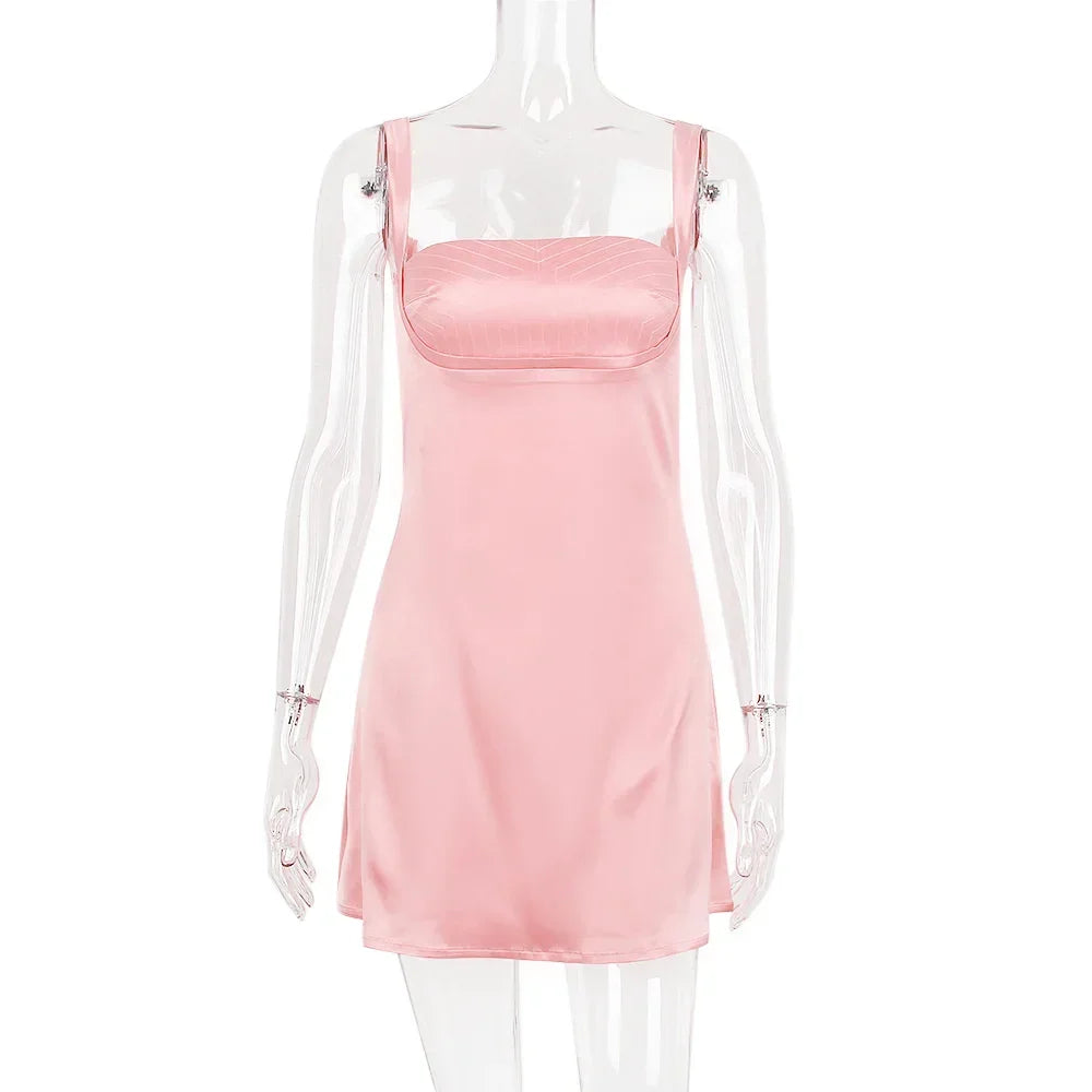 Pink Mini Dress with Square Neckline and Fitted Bodice