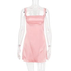 Pink Mini Dress with Square Neckline and Fitted Bodice