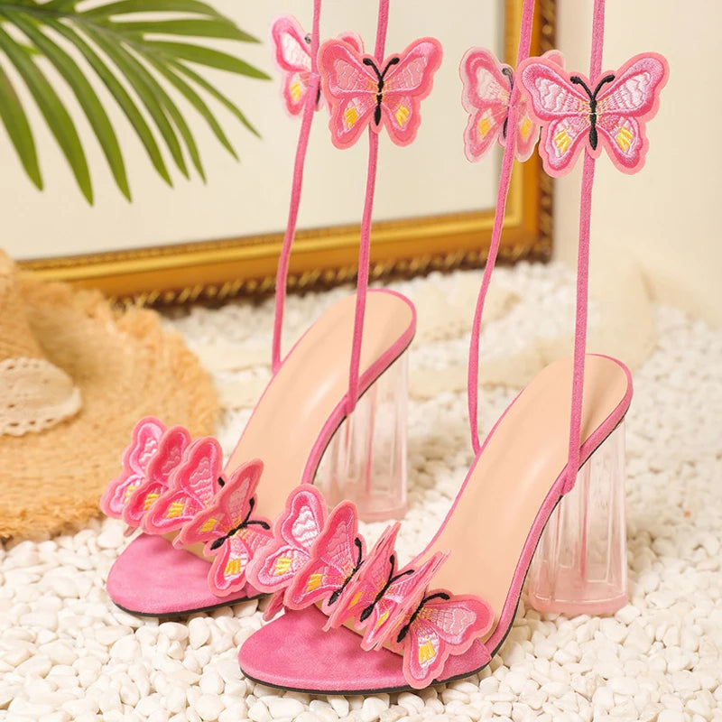 Pink Ankle Strap Transparent Heels Sandals for Women