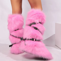 Women's Plush Faux Fur Winter Snow Boots Over Knee High