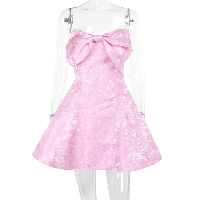 Sweet Pink A-line Bowknot Floral Mini Party Dress for Women
