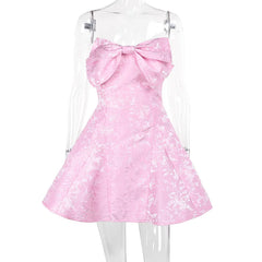 Sweet Pink A-line Bowknot Floral Mini Party Dress for Women