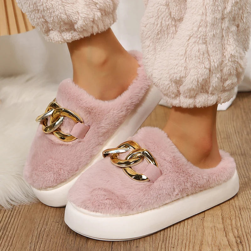 Platform Ladies Rhinestone Warm Fur Slippers for Indoor Use