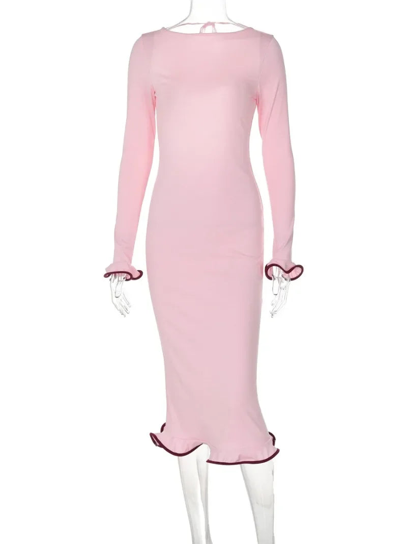 Robe mi-mollet élégante à volants et manches évasées pour femme