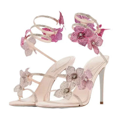 Crystal Flower Thin Heels Women Sandals with Narrow Ankle Strap