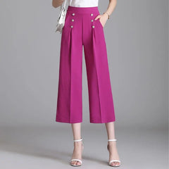 Women's Ice Silk Wide Leg Trousers with Button Pockets and Drape Style