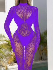 Black Lace See Through Long Sleeve Fishnet Bodysuit for Women