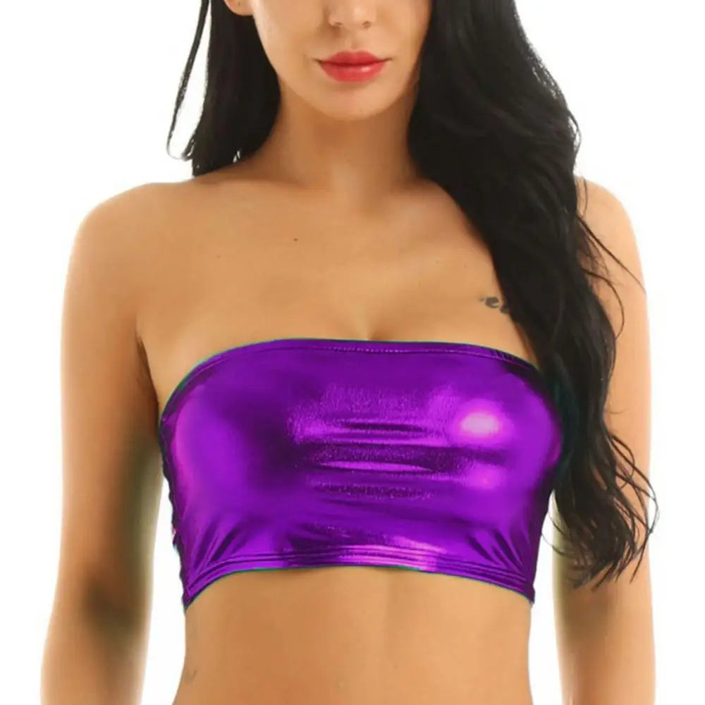 Women's Shiny Strapless Cropped Tube Top for Party and Club Wear