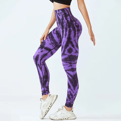 Pantalon de yoga taille haute sans coutures pour femmes, legging froissé avec imprimé tie-dye 