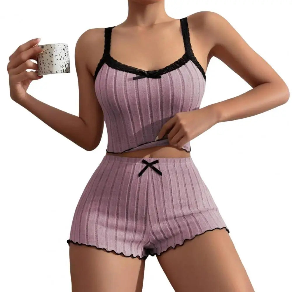 Ensemble de pyjama en dentelle noire pour femme, haut sans manches et short, vêtements de nuit