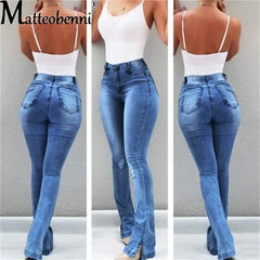 Women's High Waist Blue Flared Jeans with Fray and Split Leg