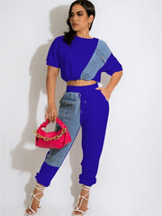 Women's Denim Patchwork Two Piece Tracksuit Set with Jogger Pants