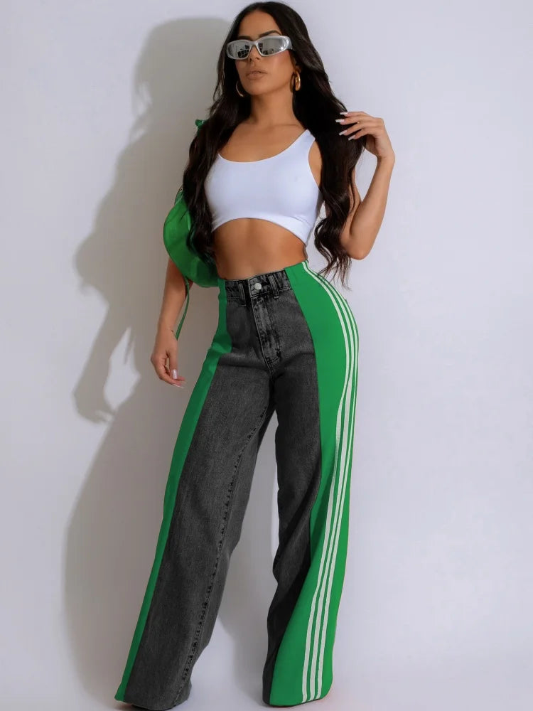 Women’s Striped Denim Loose Pants with Buttons and Pockets