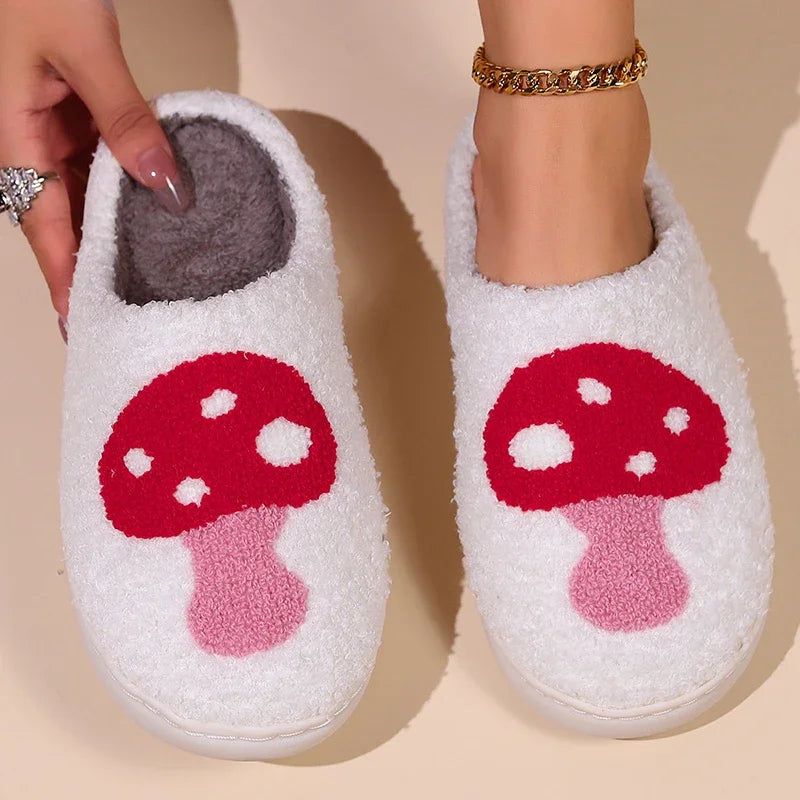 Winter Strawberry Pattern Women's Cotton Fluffy Slippers for Home