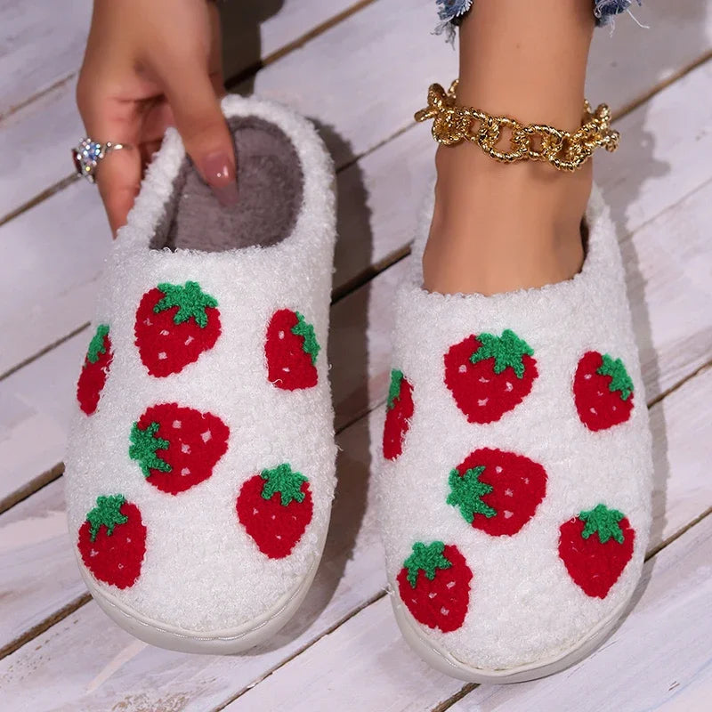 Chaussons d'hiver en coton moelleux pour femmes, motif fraise, pour la maison