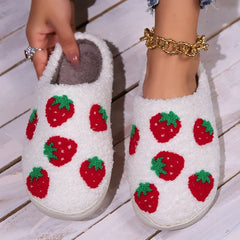 Winter Strawberry Pattern Women's Cotton Fluffy Slippers for Home