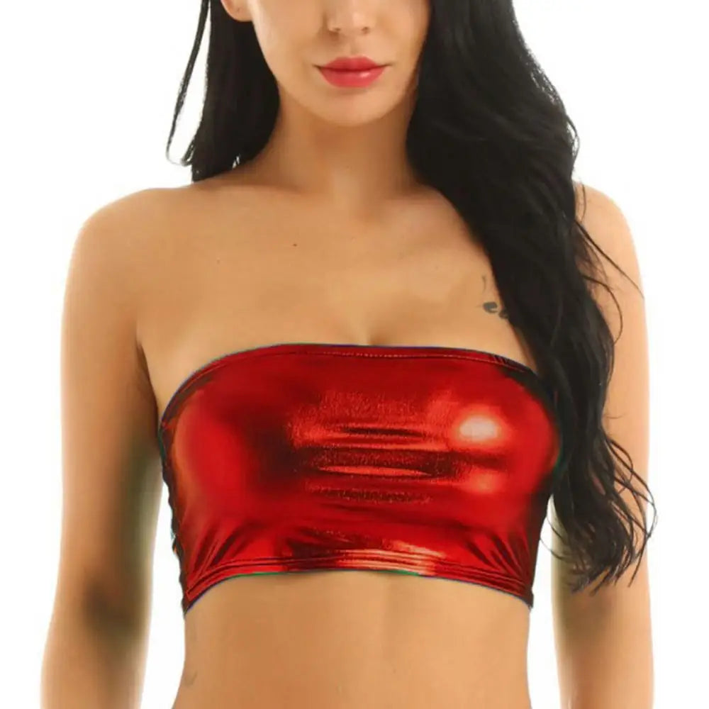 Women's Shiny Strapless Cropped Tube Top for Party and Club Wear