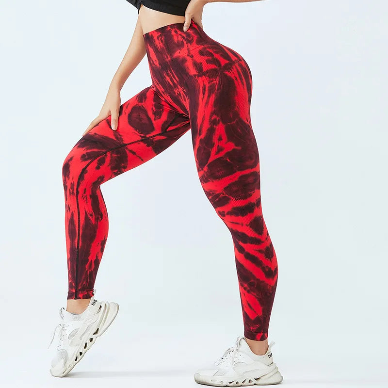 Pantalon de yoga taille haute sans coutures pour femmes, legging froissé avec imprimé tie-dye 