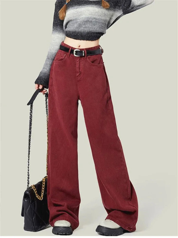 Women's High Waist Loose Straight Red Wide Leg Jeans