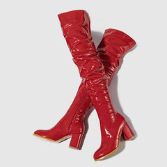 Women's Red Patent Leather Thigh High Boots with Zip