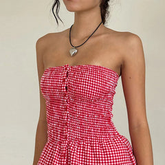 Women's Red Gingham Crop Top with Ruffle Hem and Button Detail