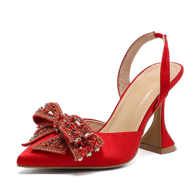 Red Sequined Crystal Bowknot Pointed Toe High Heels Slingback Pumps