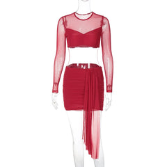 Women's Mesh Patchwork Cropped Top and Bandage Skirt Set